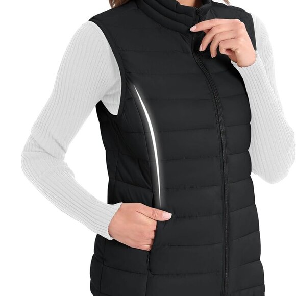 Women's Puffer Vest Lightweight Stand Collar Zip 4 Pockets Puffy Vests Sleeveles - Picture 3 of 6